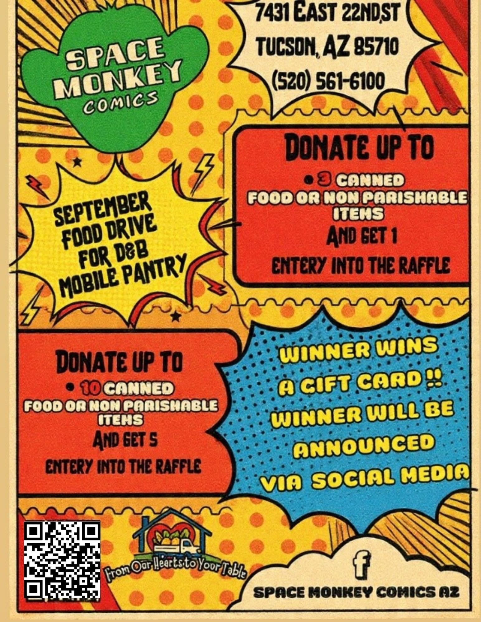Space Monkey Comics September food drive raffle flyer for D&B Mobile Pantry